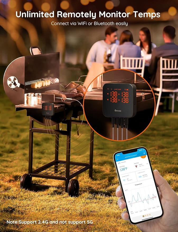 Govee WiFi Meat Thermometer with 4 Probe, Smart Wireless Meat Thermometer with Unlimited Range App Notification Alert, Digital Rechargeable Bluetooth Food Thermometer for Smoker BBQ Grill Oven Kitchen