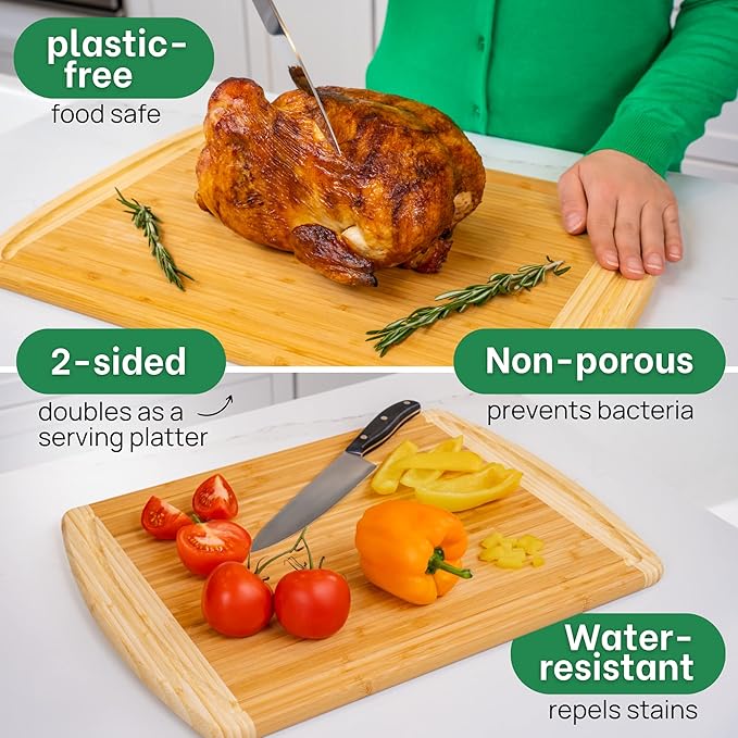Organic 18 Inch Extra Large Bamboo Cutting Board with Lifetime Replacements - Non Toxic Wood Chopping Board with Juice Groove for Kitchen, Meat, Vegetables, and Food Prep Prep by Greener Chef