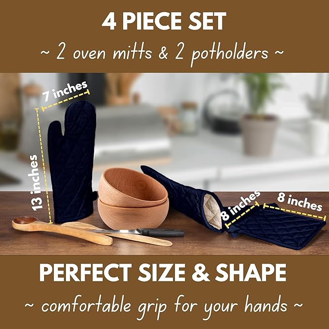 Native Fab 4 Piece Set - 2 Oven Mitts & 2 Potholders, Heat Resistant, 100% Cotton, Quilted Design, Non-Slip Grip, Machine Washable, Ideal for Baking, Cooking, BBQ, Kitchen Protection - Navy Blue