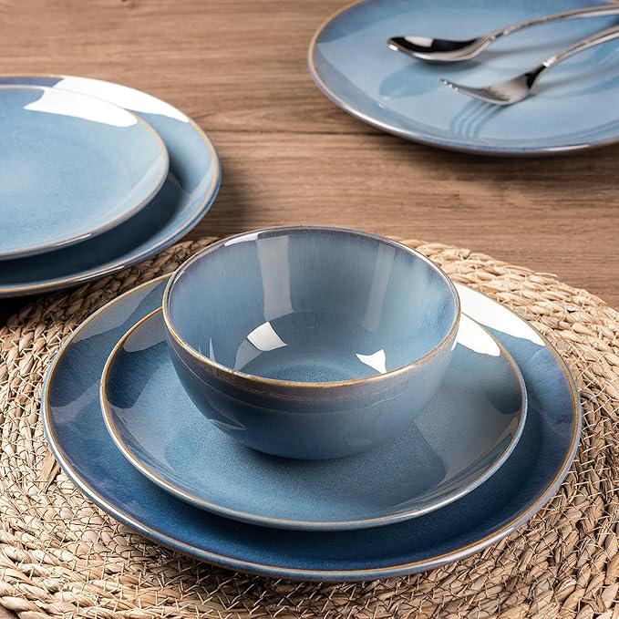 GBHOME Ceramic Dinnerware Sets for 8, 24 Pieces Stoneware Plates and Bowls Sets, Reactive Glaze Dishes -Scratch Resistant, Dishwasher&Microwave Safe-Alaskan Blue