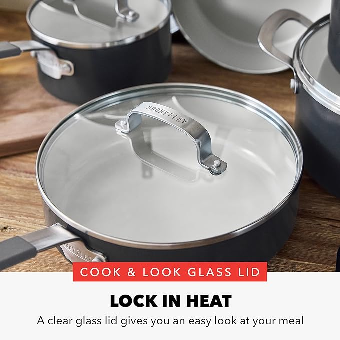 GreenPan x Bobby Flay 13 Piece Nonstick Cookware Pots and Pans Set, PFAS-Free Diamond Ceramic, Induction Suitable, Easy Clean Dishwasher & Oven Safe, Stay-Cool Silicone Handles, Glass Lids, Graphite