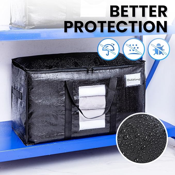 TAILI Extra Large Moving Bags, 12 Pack Black Heavy Duty Totes for Storage with Visible Window, Wrap Around Handles, Storage Bags for Space Saving, Alternative to Moving Boxes