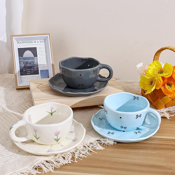 Koythin Ceramic Coffee Mug with Saucers, Handmade Flowers Mugs, Cute Cup for Girl Women, Aesthetic Tea Milk Cup with Handle, 8.5 oz/250 ml for Latte, Cocoa, Office, Home (Grey Small Bow)