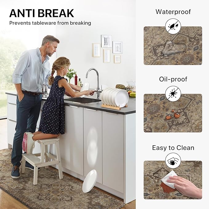 GENIMO Kitchen Mats for Floor 2PCs, Washable Anti Fatigue Mat for Cushioned, 17.3"x47"+17.3"x30", Waterproof Kitchen Rugs, Non Slip Comfort Standing Mat Rug for Home, Sink, Laundry, Rustic Brown