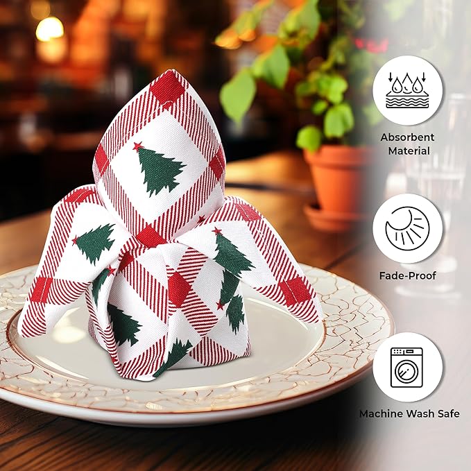 Urban Villa Christmas Cloth Napkins 100% Cotton Absorbent Dinner Napkins Tree Print (Set of 12) 20x20 Inches Soft Durable Washable Ideal for Everyday Use Wedding Parties Cloth Napkins