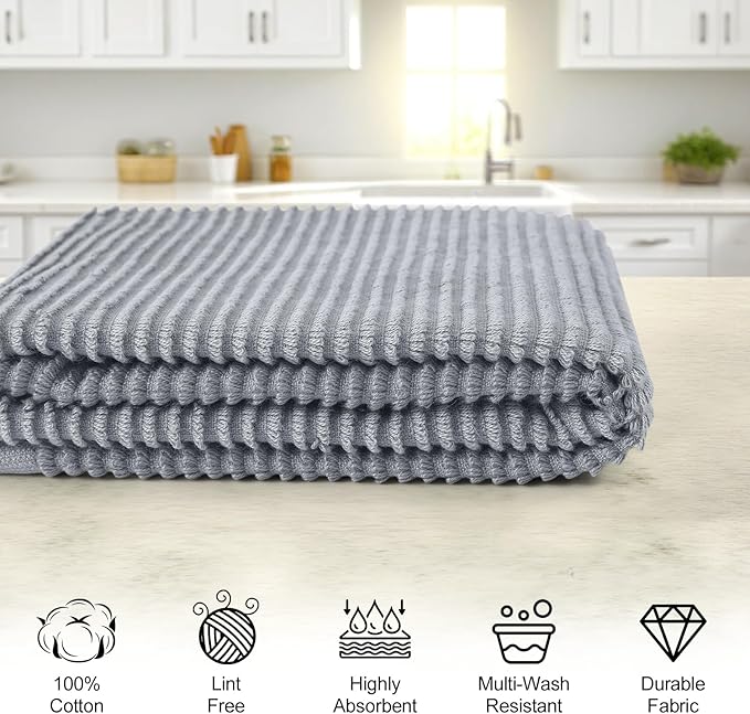 Homaxy Premium Kitchen Towels (18"x 28", 8 Pack), Large 100% Cotton Kitchen Hand Towels, Ultra Absorbent Ribbed Terry Tea Towels Set with Hanging Loop, Grey