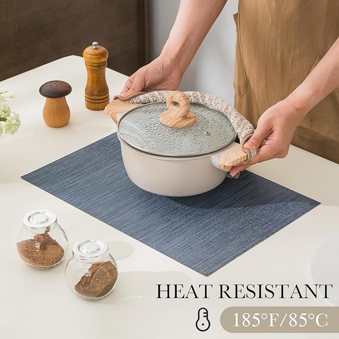 BACKTOEDEN Placemats Set of 6 Heat Resistant Washable Wipeable Placemat Woven Non-Slip Foldable Vinyl/Plastic Place Mats Indoor/Outdoor Mat Kitchen Dining Table Pad, Blue Silver Line