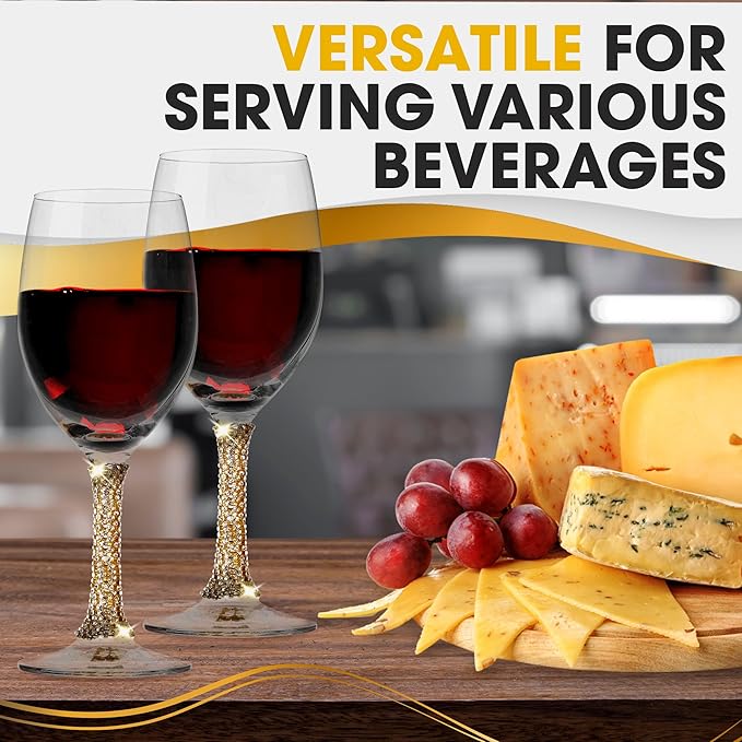 Premium Wine Glasses Set of 6 - Crystal Long Stem Wine Glass with Gold Rhinestone Stem Design - 12 oz