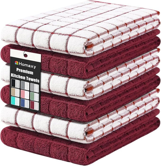 Homaxy Premium Cotton Kitchen Towels 16"x 28", Large Natural Ring Spun 390 GSM Dish Towels, Super Absorbent Terry Kitchen Hand Towels, Soft Tea Towel with Hanging Loop, Red Check Design,6 Pack