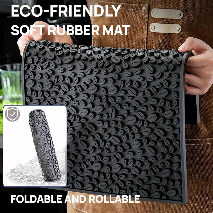 Coffee Bar Mats for Countertop, Bar Decor Accessories, Coffee Machine Tray for Countertop, Non-slip Dish Drying Mat, Rubber Barista Tools Pad, Espresso Organizer (Black, 18"x12")