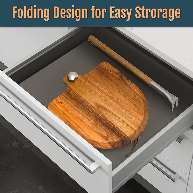 Acacia Wood Pizza Peel & Spinner Fork Set – Folding Handle Paddle, Pizza Oven Accessories for Homemade Pizza Making