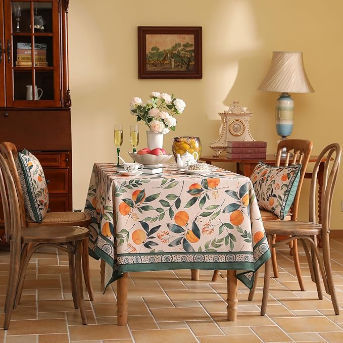 patdrea Designer Orange Tablecloth for Square Tables,Framhouse Linen Oranges and Leaves Tree Pattern Linen Tablecloth,Fall Fruits Table Cover Cloth Decor for Kitchen Dining Christmas,67"*67"