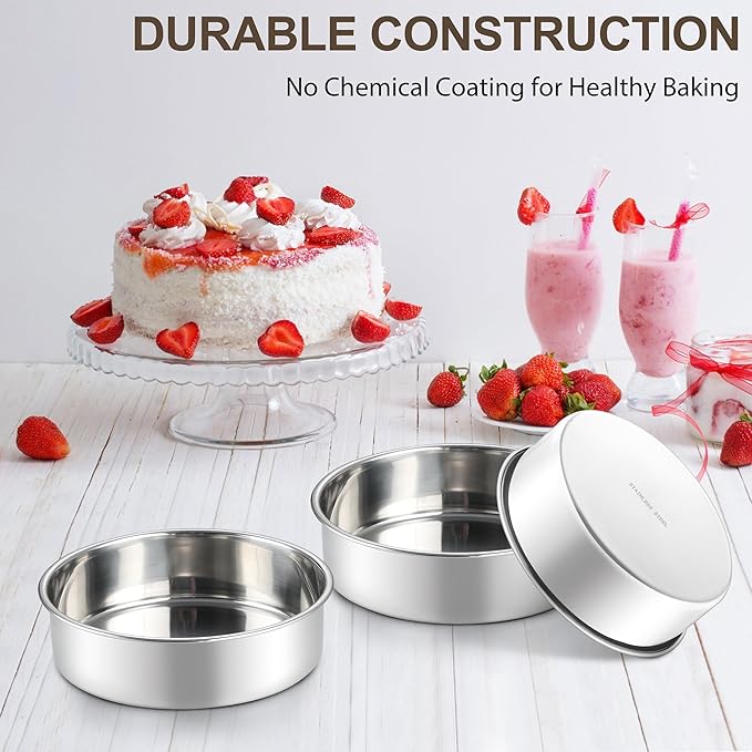Homikit Round Cake Pan Set of 3, 8 Inch Stainless Steel Layer Cake Tins for Baking, Mirror Finish Bakeware for Wedding Birthday Baby Shower Party, Oven & Dishwasher Safe