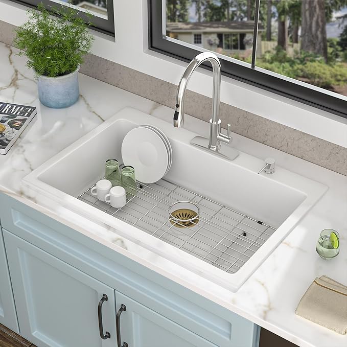 33 Granite Composite Kitchen Sink - Fulorni 33"×22" Granite Kitchen Sink Drop In Topmount White Quartz Classic Above Counter Single Bowl Sink Basin
