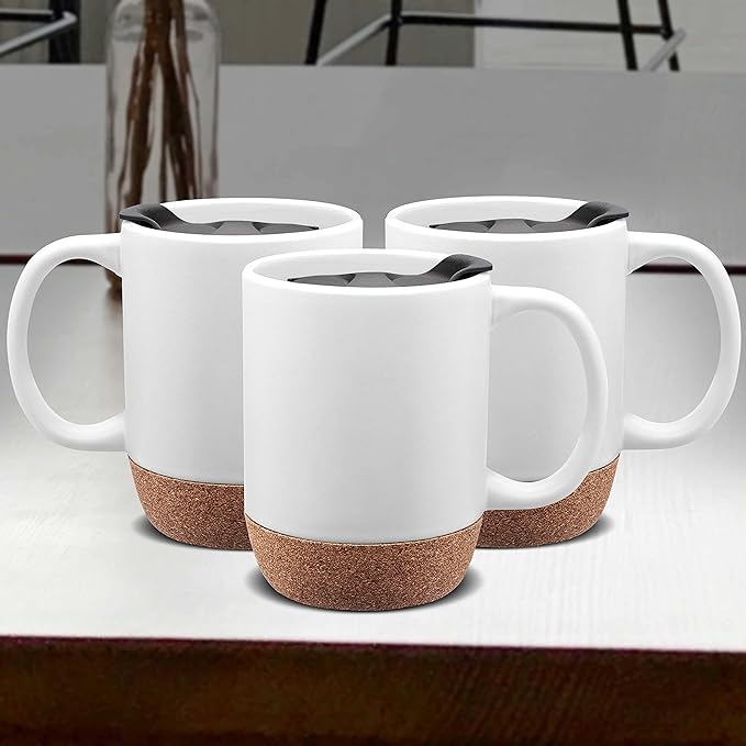 DISCOUNT PROMOS Barista Ceramic Mugs with Cork Bottom 13 oz. Set of 12, Bulk Pack - Perfect for Coffee, Tea, Espresso, Hot Cocoa, Other Beverages - White