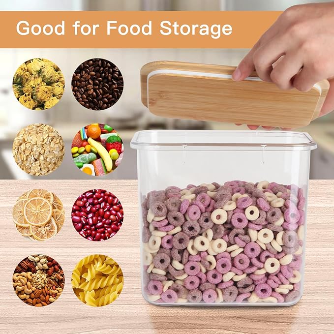 Large Capacity Plastic Food Storage Containers with Bamboo Lid - Moisture-proof Sealing Box Jars with Wooden Lids for Kitchen Storage (128 OZ - L)