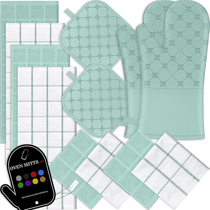 Oven Mitts Kitchen Towels Dishcloths with Pot Holders Sets 12PCS,Dish Towels Sets,Oven Gloves Pot Pads Heat Resistant 500 Degrees with Non-Slip Silicone Surface for Cooking Baking Grilling-Mint Green