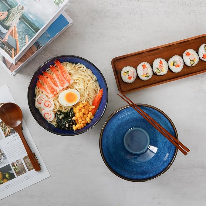 NUTRIUPS Set of 2 Ceramic Ramen Bowls with Spoons & Chopsticks, 40oz Large Soup Bowls for Udon, Miso, Noodles (Ocean Wave)