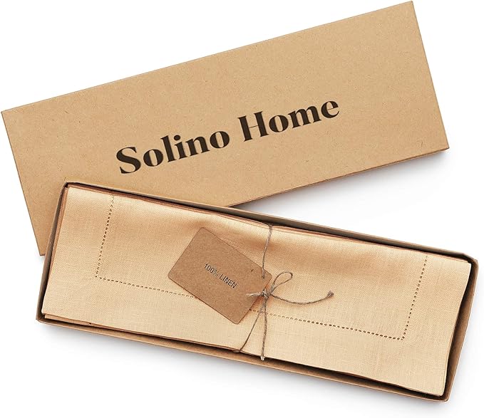 Solino Home Linen Placemats Set of 4 - Classic Hemstitch Beige Placemats 14 x 19 Inch - 100% Pure Linen Table Mats for Fall, Autumn, Thanksgiving, Christmas