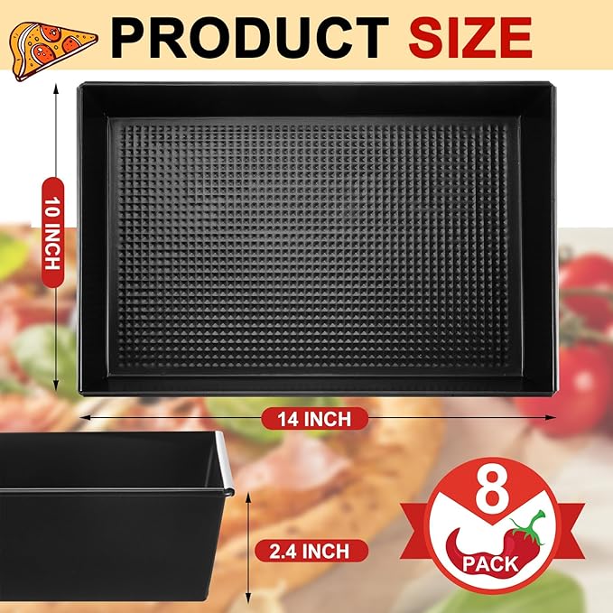 8 Pcs Detroit Style Pizza Pan 10 x 14 x 2.36 Inch Hard Rectangular Deep Pizza Pans Non Stick Sicilian Style Pan Dish Pre Seasoned Bakeware Kitchenware