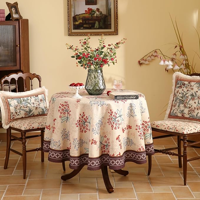 patdrea Designer Floral Linen Table Cloth Durable Breathable Tabletop Cover Dacorative Kitchen Dining Tablecloth for Round Tables for Kitchen Dining Parties,Holiday Christmas,Diameter 67"