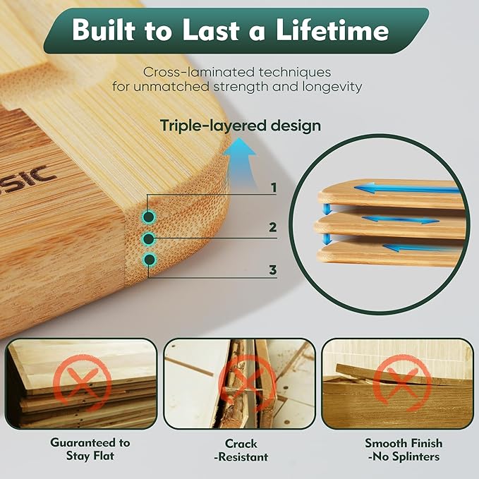 Bamboo Cutting Board Set Non Slip Feet Butcher Block 2-Pcs With Smooth Surface Knife-Friendly and Easy Storage For Kitchens Meal Prep & Serving Kitchen Gadgets