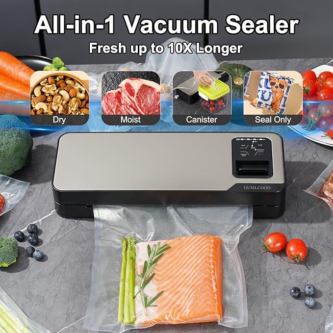 Cordless Food Vacuum Sealer Machine, 75Kpa Strong Suction, Rechargeable Dry & Moist Food Modes Food Sealer, Compact, Stainless Steel, Built-in Cutter for Home Kitchen Camping Fishing Picnic