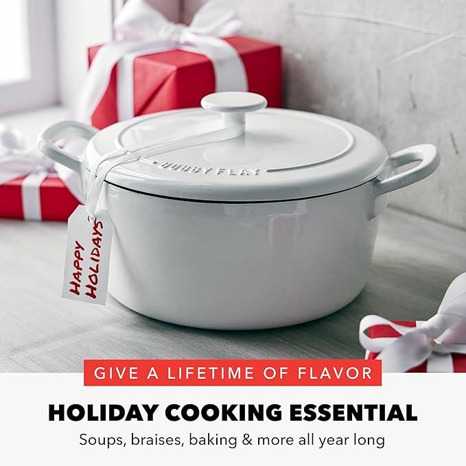 GreenPan x Bobby Flay 5.5QT Enameled Cast Iron Round Dutch Oven with Lid, Dual Handles, Oven Safe to 500F & Induction Suitable, Self Basting Lid, Ultra-Durable, Sear, Braising, Bread, Stews, Ivory