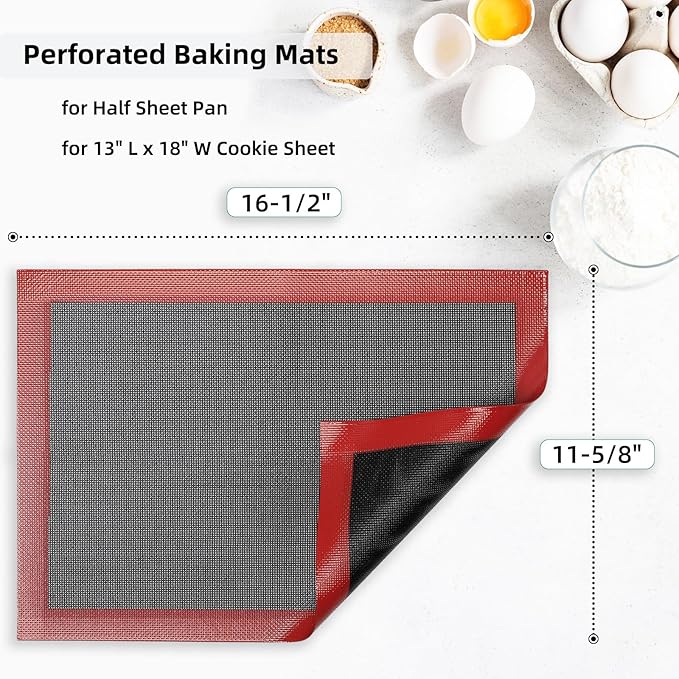 Silicone Baking Mat with Microperforated, 2 PCS Perforated Baking Mats/Oven Liners for 13" x 18" Half Sheet Pan, Reusable Air Mesh Silicone Mat for Cookie/Eclair/Bread/Pizza/Pastry