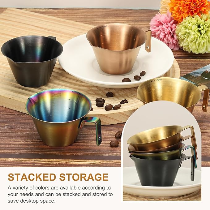 uxcell 2 Pcs Stainless Steel Espresso Cup with Handle, V-Shaped Mouth Espresso Measuring Cup with Scale for Preparing Coffee, Cocktails, 3.4OZ/100ML (Rose Gold)