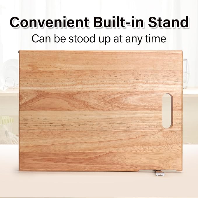 Wood Cutting Board for Kitchen with Built-in Stand, 40 x 30 cm Wooden Chopping Board Charcuterie Board for Cheese, Meat, Vegetables, Bread