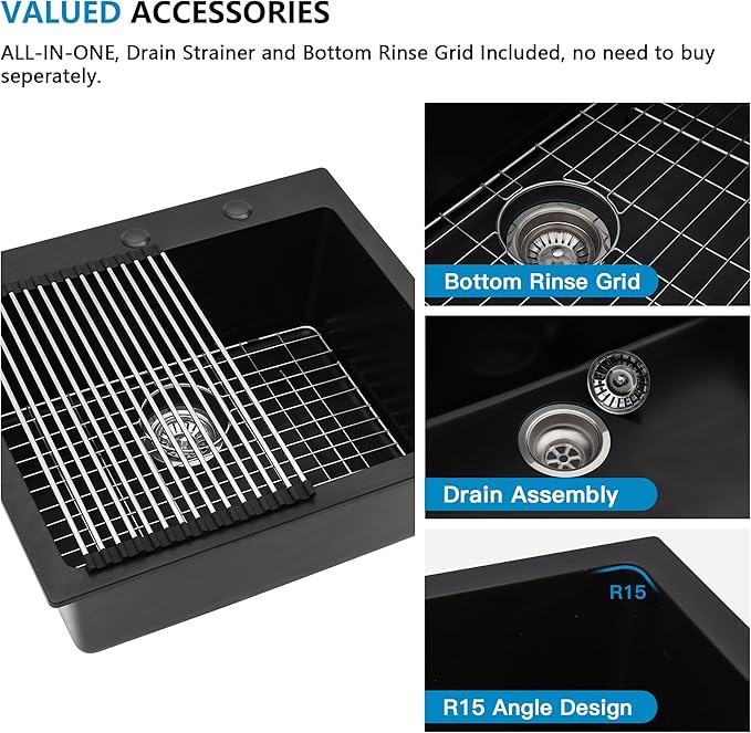 25"x22" Granite Composite Kitchen Sink – Matte Black Drop In Topmount Granite Quartz Classic Above Counter Single Bowl Sink Basin