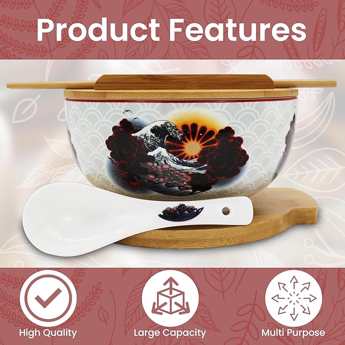 XWORLD Japanese Ceramic Ramen Noodle Bowls Set with Ceramic Spoon, Bamboo Chopsticks, Lid & Trivet, Serving Capacity of 33.8 OZ, Microwavable Oven Safety (3.3” x 6.6” D) (Landscape)