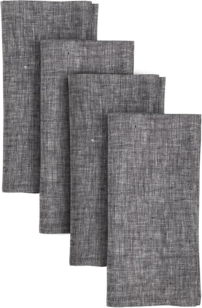 Solino Home Linen Cloth Napkins Set of 4-100% Pure Linen Chambray Black Dinner Napkins 20 x 20 Inch for Winter, Thanksgiving, Holiday - Athena, Handcrafted and Machine Washable