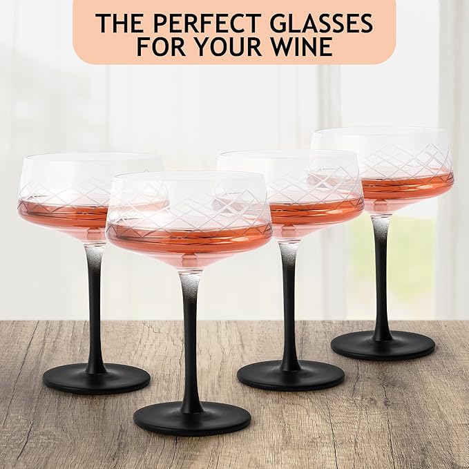 MIAMIO – 9.5 Oz Coupe Glasses Set of 4 with Bar Spoon, Handblown Crystal Cocktail Glasses with Black Stem, Cocktail Glasses, Vodka Martini Glasses, Champagne Coupe Glasses – Crystaluna Collection