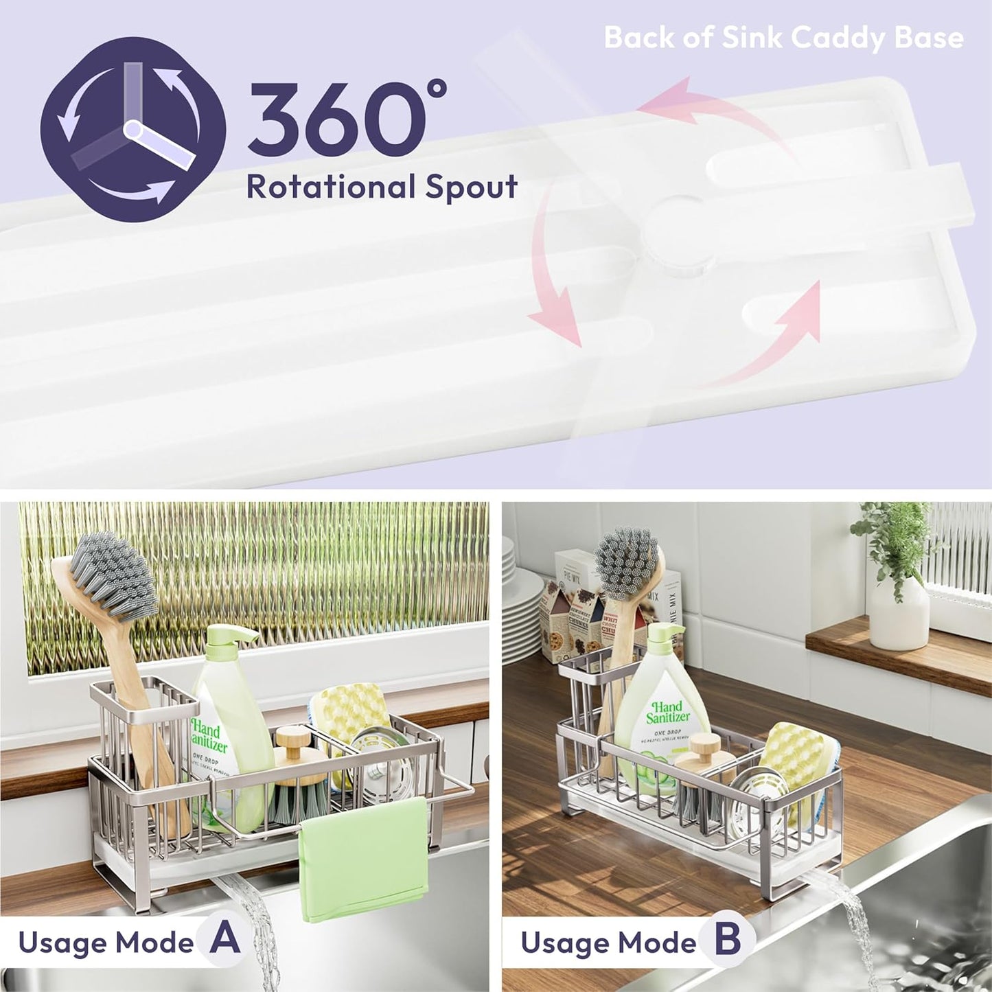 SWTYMIKI Sponge Holder for Kitchen Sink - Sink Caddy with Brush Holder Self-draining Sponge Caddy Organizer with Divider Stainless Steel Kitchen Accessories Storage for Countertop, Sand Nickel