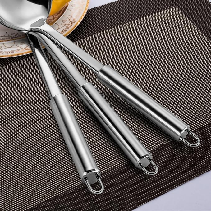 Pleafind Serving Utensils Set for Parties,3-Piece Silver Stainless Steel utensils set,Includes 1 Serving Spoon, 1 Slotted Spoon and 1 Soup Ladle,Serving Spoons for Buffet
