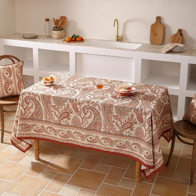 French Tablecloth for Rectangular Tables,Linen Table Cloth with Cashew Pattern,Heavy Durable Table Cover for Dining Thanksgiving Kitchen Decor Party Banquet Christmas,55"*71"