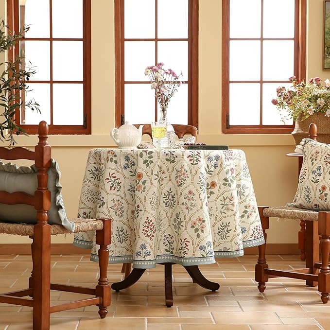 Floral Tablecloth for Round Tables,Linen Table Cloth with Colorful Flowers Pattern,Heavy Durable Table Cover for Dining Thanksgiving Kitchen Decor Party Christmas, Diameter 67"
