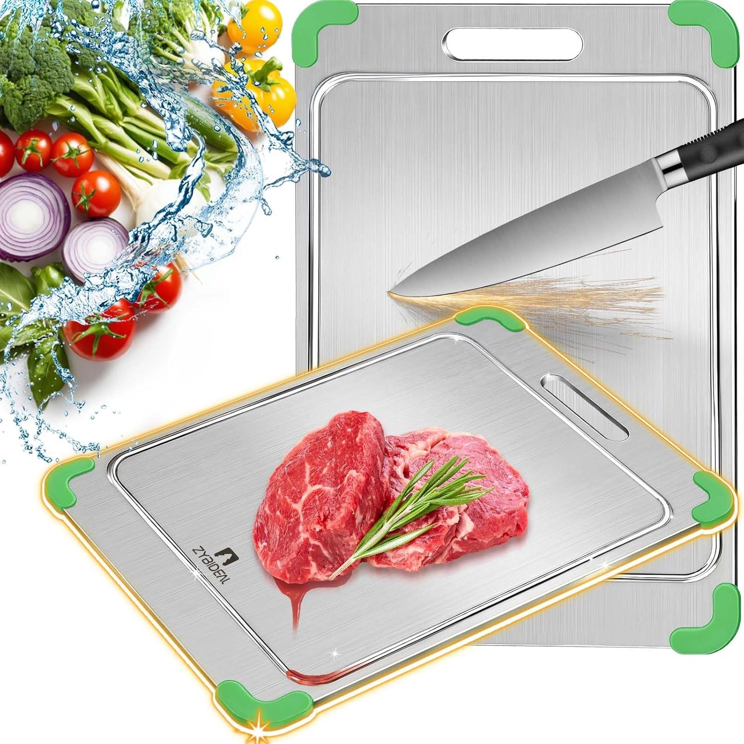100% Pure Titanium Cutting Board with Grooves, Update Double Side Titanium Chopping Board, Silicone Anti-slip Stainless Cutting Boards for Kitchen 12 * 18 IN, Green