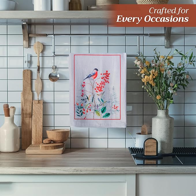 Maison d' Hermine Kitchen Towels Set of 3 100% Cotton 20" x 27.5" Reusable Cloth Tea Dish Towels Absorbent with Hanging Loop for Kitchen Dining Thanksgiving Christmas Decorations (Morzine)