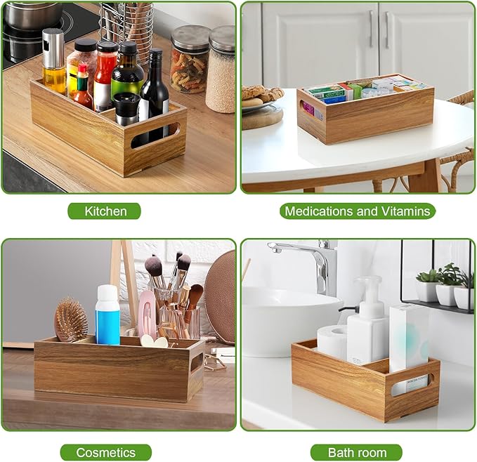 DRASTAR Pantry Organization and Storage Bins, Seasoning Packet Organizer with Removable Dividers,Wooden Storage Caddy for Kitchen, Pantry, Cabinet, Countertop, Acacia