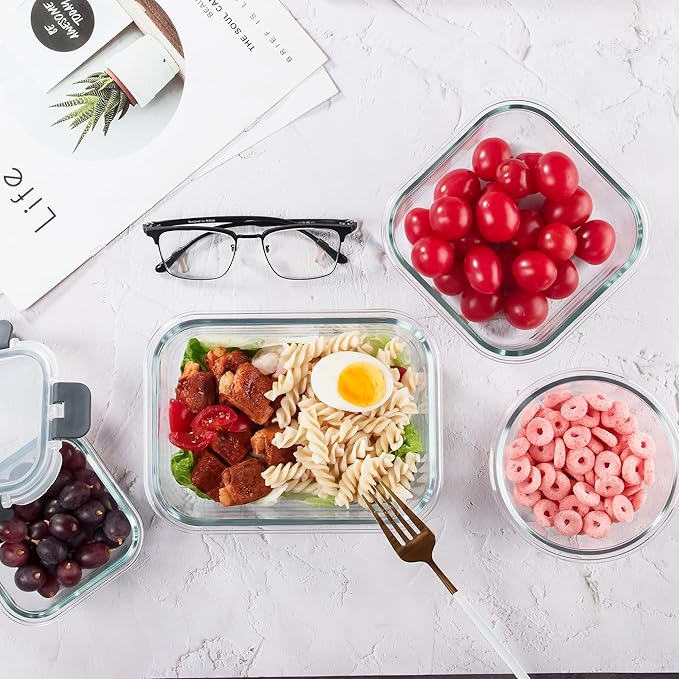 12 Pack Glass Storage Containers with Lids, Glass Meal Prep Containers Set, Airtight Food Storage Containers, Grey