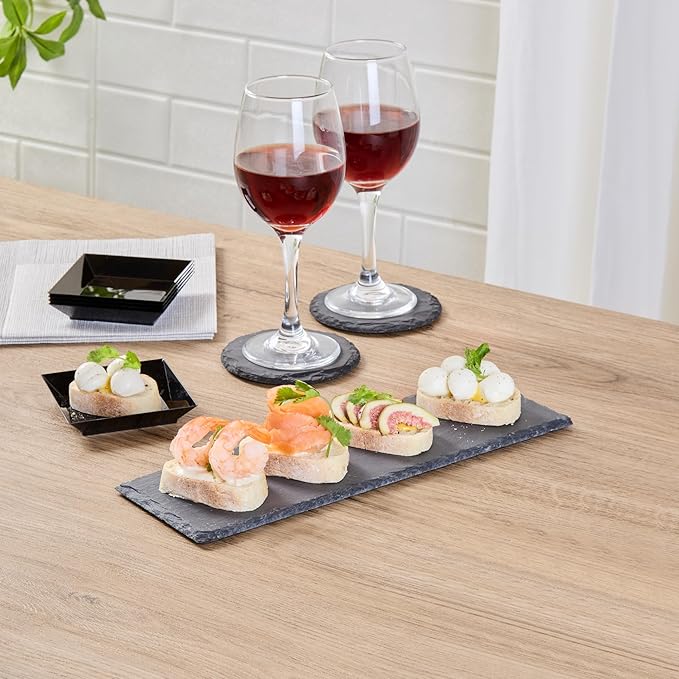 Restaurantware Slate Serving Tray 1 Pack of 11.8" x 4" Foam Feet Charcuterie Stone Plate Rustic Edges Freezable Black Serving Display Cheese Boards for Kitchen, Gourmet, Dining, Parties