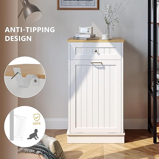 Tilt Out Trash Bin Cabinet Dog Proof Trash Can Holder Kitchen Island Without Garbage Bin or Tilt Out Laundry Hamper (White)