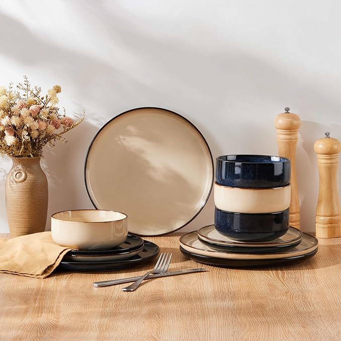 Herogo 12 Pieces Stoneware Dinnerware Dishes Set for 4, Kitchen Dining Plates and Bowls Sets, Double Reactive Glaze, Microwave & Dishwasher Safe, Scratch Resistant, Starry Blue & Cream Khaki