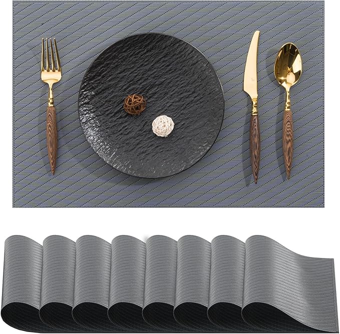 BACKTOEDEN Placemats Set of 8 Heat Resistant Washable Wipeable Placemat Woven Non-Slip Foldable Vinyl/Plastic Place Mats Indoor/Outdoor Mat Kitchen Dining Table Pad, Dark Gray Twill
