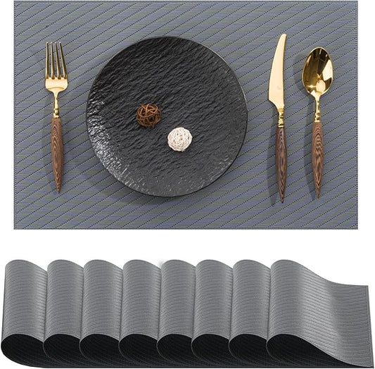 BACKTOEDEN Placemats Set of 8 Heat Resistant Washable Wipeable Placemat Woven Non-Slip Foldable Vinyl/Plastic Place Mats Indoor/Outdoor Mat Kitchen Dining Table Pad, Dark Gray Twill