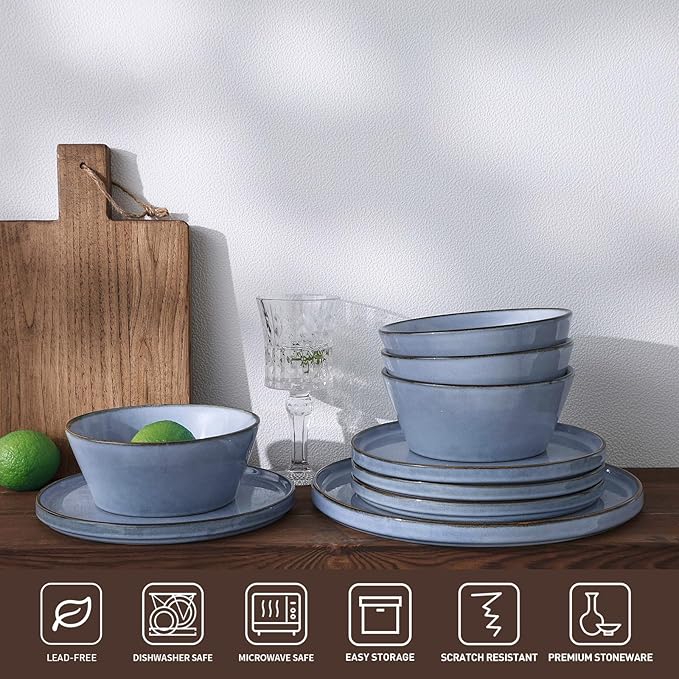 Famiware Plates and Bowls Sets, Annecy Stoneware Dinnerware Sets for 8, 24 Pieces Dish Set, Plate with Lip Edge, Reactive Glaze Tableware - Microwave & Dishwasher Safe, Reactive Blue