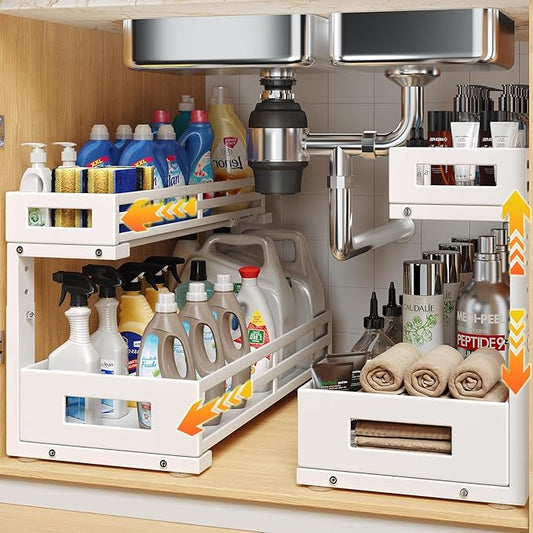 2-Pack 19"Deep Under Sink Organizer And Storage, 2-Tier L-Shaped Pull Out Cabinet Organizer with Upgraded Slide Rails, Height Adjustable Drawers for Kitchen&Bathroom, Extra-Large Storage Shelves–White